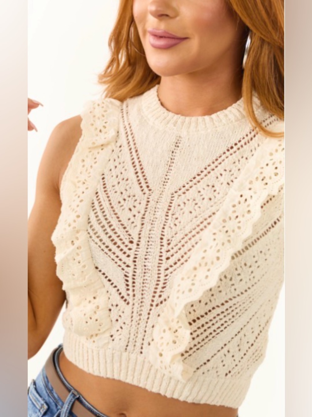 Sleeveless Crochet Ruffle Crop Sweater - Cream